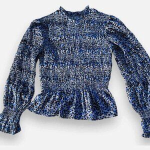 NWT Express Leopard Print Stretch Smocked Balloon Sleeve Women's Blue XL
